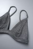 Silver Sexy Solid Backless Spaghetti Strap Sleeveless Two Pieces