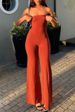 Red-brown Casual Solid Backless Strapless Regular Jumpsuits