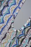 Blue Sexy Print Hollowed Out Backless Halter Sleeveless Dress Dresses