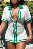 White Sexy Color Lump Hollowed Out Buttons Contrast POLO collar One Step Skirt Short Sleeve Dress
