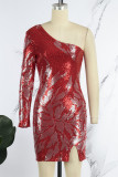 Red Sexy Patchwork Sequins Backless Slit Oblique Collar Irregular Dress Dresses