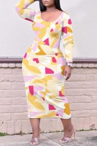 Orange Casual Print Basic O Neck Long Sleeve Dresses