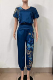 Blue Casual Print Patchwork V Neck Short Sleeve Two Pieces