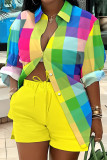 Colour Work Elegant Vacation Simplicity Geometric Striped Print Printing Turndown Collar Long Sleeve Two Pieces