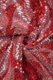 Red Sexy Patchwork Sequins Backless Slit Oblique Collar Irregular Dress Dresses