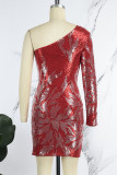 Red Sexy Patchwork Sequins Backless Slit Oblique Collar Irregular Dress Dresses