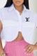 White Casual Print Letter Asymmetrical Turndown Collar Tops