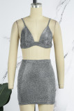 Silver Sexy Solid Backless Spaghetti Strap Sleeveless Two Pieces