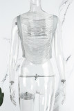 Silver Sexy Solid See-through O Neck Tops