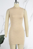 Apricot Sexy Patchwork Beading Half A Turtleneck Wrapped Skirt Dresses