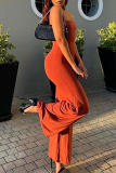 Red-brown Casual Solid Backless Strapless Regular Jumpsuits