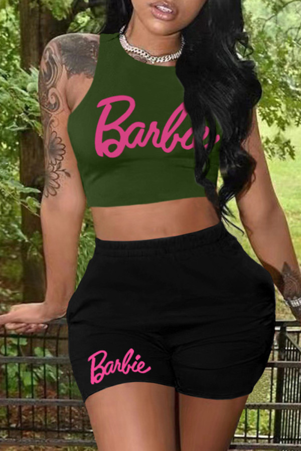 Army Green Casual Letter Print Basic O Neck Sleeveless Two Pieces
