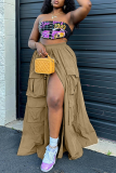 Grey Street Solid Patchwork Pocket High Opening Loose High Waist Type A Solid Color Bottoms