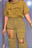 Earth Yellow Casual Letter Embroidery Ripped Patchwork O Neck Short Sleeve Two Pieces