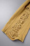 Earth Yellow Casual Letter Embroidery Ripped Patchwork O Neck Short Sleeve Two Pieces