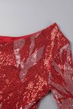 Red Sexy Patchwork Sequins Backless Slit Oblique Collar Irregular Dress Dresses