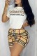 Khaki Casual Striped Print Letter O Neck Short Sleeve Two Pieces