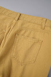 Earth Yellow Casual Letter Embroidery Ripped Patchwork O Neck Short Sleeve Two Pieces