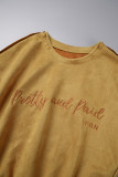 Earth Yellow Casual Letter Embroidery Ripped Patchwork O Neck Short Sleeve Two Pieces