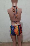 Colour Sexy Print Patchwork Backless Swimwears