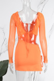 Rose Red Sexy Solid Frenulum Backless V Neck Long Sleeve Dresses