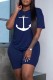 Deep Blue Casual Print Basic O Neck Short Sleeve Two Pieces