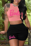 Pink Casual Letter Print Basic O Neck Sleeveless Two Pieces