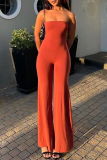 Red-brown Casual Solid Backless Strapless Regular Jumpsuits