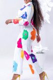White Casual Sweet Cute Vacation Print Bandage Printing Turndown Collar Long Sleeve Two Pieces