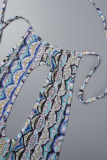 Blue Sexy Print Hollowed Out Backless Halter Sleeveless Dress Dresses