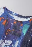 Blue Casual Print Basic O Neck Long Sleeve Dresses