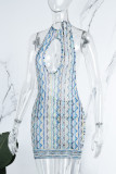Blue Sexy Print Hollowed Out Backless Halter Sleeveless Dress Dresses
