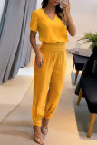 Golden Yellow Casual Print Patchwork V Neck Short Sleeve Two Pieces