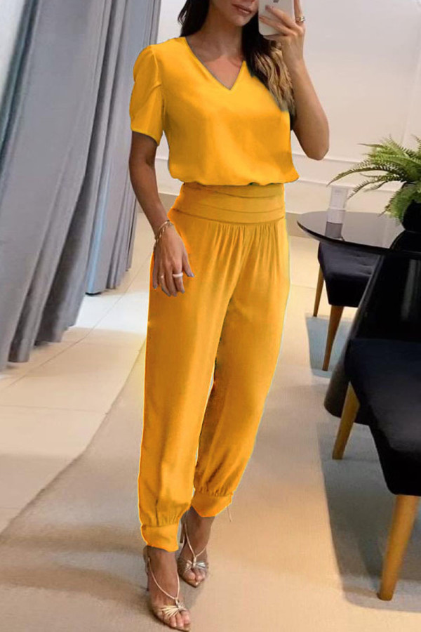 Golden Yellow Casual Print Patchwork V Neck Short Sleeve Two Pieces