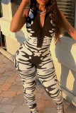 Black White Street Print Patchwork Buckle Turndown Collar Skinny Jumpsuits