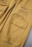 Earth Yellow Casual Letter Embroidery Ripped Patchwork O Neck Short Sleeve Two Pieces