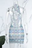 Blue Sexy Print Hollowed Out Backless Halter Sleeveless Dress Dresses