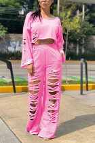 Pink Casual Geometric pencil Long Sleeve Two Pieces