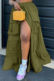 Army Green Street Solid Patchwork Pocket High Opening Loose High Waist Type A Solid Color Bottoms