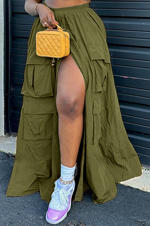 Army Green Street Solid Patchwork Pocket High Opening Loose High Waist Type A Solid Color Bottoms