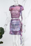 Purple Sexy Print Patchwork O Neck Short Sleeve Two Pieces