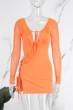 Rose Red Sexy Solid Frenulum Backless V Neck Long Sleeve Dresses