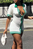 White Sexy Color Lump Hollowed Out Buttons Contrast POLO collar One Step Skirt Short Sleeve Dress