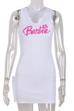 White Casual Print Basic U Neck Vest Dress Dresses