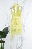 Yellow Sexy Solid Backless Fold Halter Sleeveless Dress Dresses