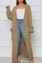 Khaki Casual Street Solid Slit Cardigan Weave Outerwear