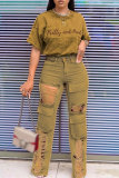 Earth Yellow Casual Letter Embroidery Ripped Patchwork O Neck Short Sleeve Two Pieces