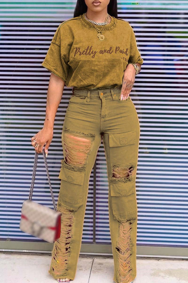 Earth Yellow Casual Letter Embroidery Ripped Patchwork O Neck Short Sleeve Two Pieces
