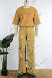 Earth Yellow Casual Letter Embroidery Ripped Patchwork O Neck Short Sleeve Two Pieces