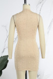 Apricot Sexy Patchwork Beading Half A Turtleneck Wrapped Skirt Dresses
